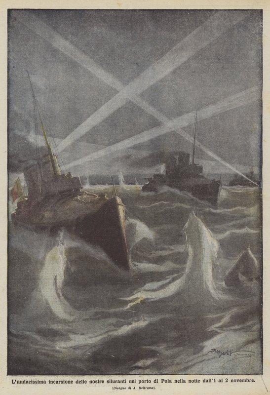 De gedurfde aanval van onze torpedoboten in de haven van Pola in de nacht van 1 op 2 november door Achille Beltrame