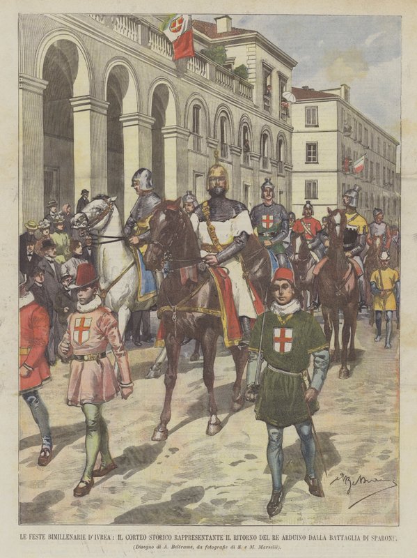 De tweeduizendjarige feesten van Ivrea, de historische stoet die de terugkeer van koning Arduino vertegenwoordigt van... door Achille Beltrame