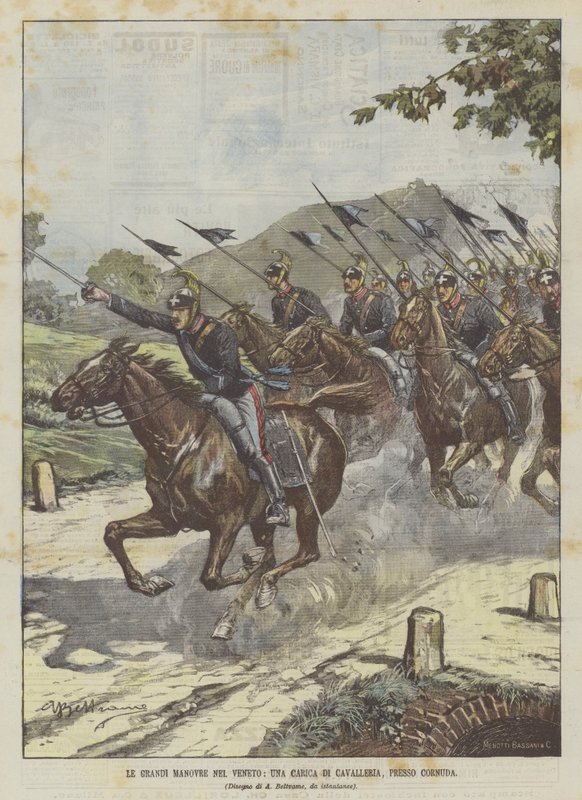 De grote manoeuvres in Veneto, een cavaleriecharge bij Cornuda door Achille Beltrame