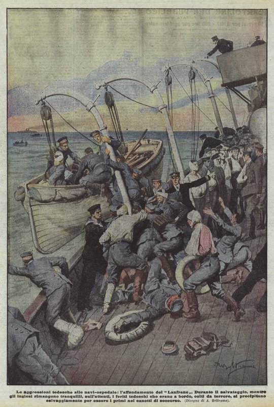 De Duitse aanvallen op hospitaalschepen, de ondergang van de Lanfrane door Achille Beltrame