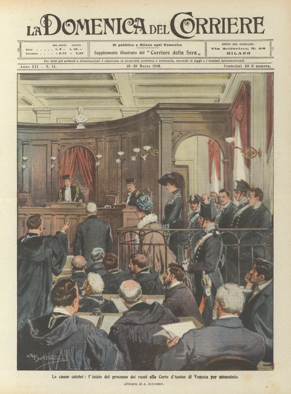 De beroemde rechtszaken, het begin van het proces van de Russen bij het Hof van Assisen in Venetië voor moord door Achille Beltrame