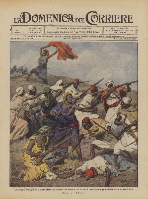 De curiositeiten van de oorlog, Arabische vrouwen die de strijders aanmoedigen met doeken en hun stem door Achille Beltrame