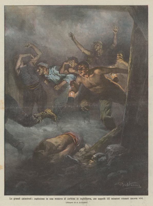 De grote rampen, explosie in een kolenmijn in Engeland, die 132 mensen begroef door Achille Beltrame