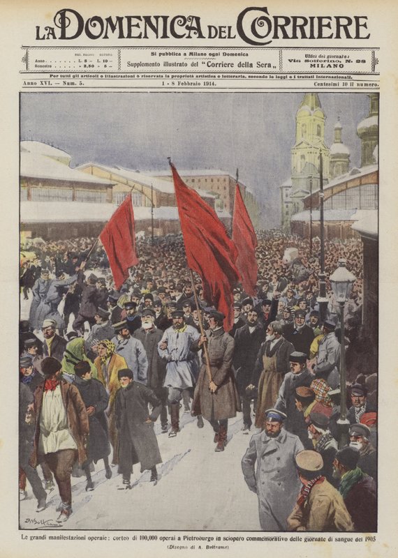 De grote arbeidersdemonstraties, optocht van 100.000 arbeiders in Sint-Petersburg tijdens een herdenkingsstaking door Achille Beltrame