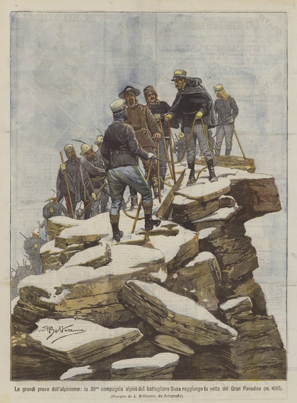 De grote beproevingen van het alpinisme, de 36e compagnie alpini van het Susa-bataljon bereikt de top door Achille Beltrame