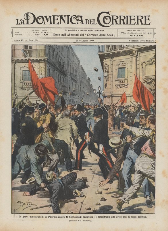 De ernstige demonstraties in Palermo tegen de maritieme conventies, de demonstranten in gevecht met de politie door Achille Beltrame