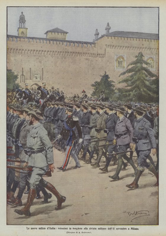 De nieuwe milities van Italië, vrijwilligers in burgerkleding bij de militaire parade van 2 november in Milaan door Achille Beltrame
