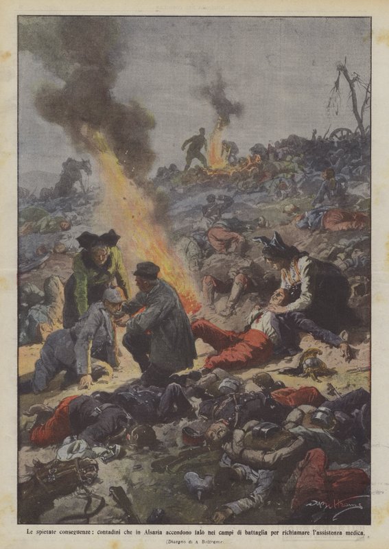 De meedogenloze gevolgen, boeren in de Elzas die vuren aansteken op de slagvelden door Achille Beltrame