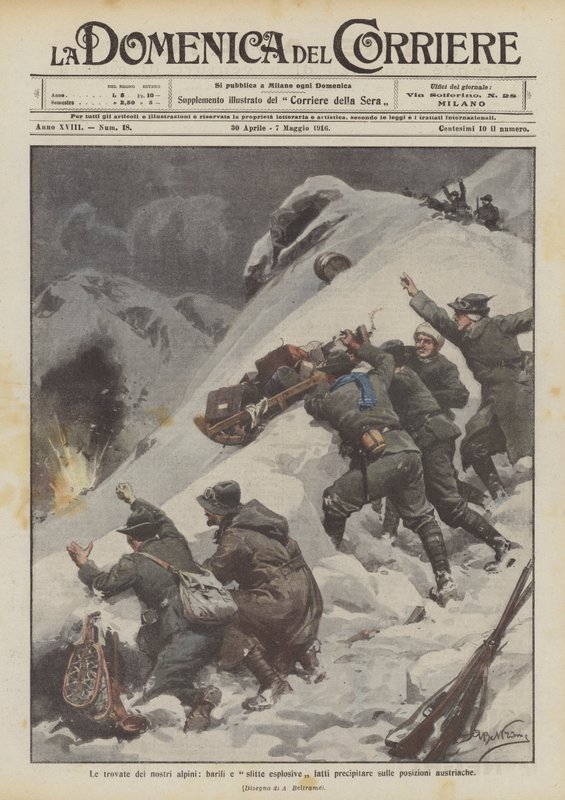 De vondsten van onze alpini, vaten en explosieve sleeën die op de Oostenrijkse posities worden gegooid door Achille Beltrame