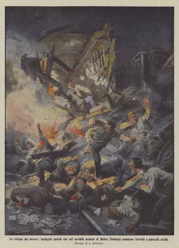 De slachtoffers van de plicht, postbeambten die in het verschrikkelijke gevecht van Melun (Frankrijk) omkwamen door Achille Beltrame