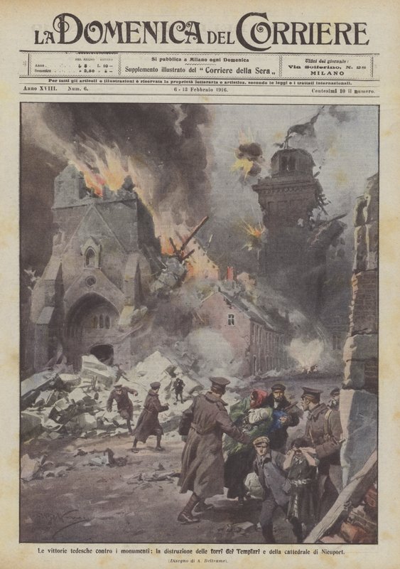 De Duitse overwinningen tegen monumenten, de vernietiging van de torens van de Tempeliers en de kathedraal van Nieuport door Achille Beltrame