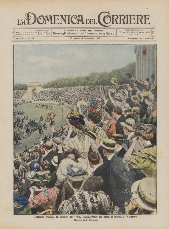 De triomfantelijke intocht van de winnaars van de Peking-Parijs raid in de Arena van Milaan, op de 16e van deze maand door Achille Beltrame