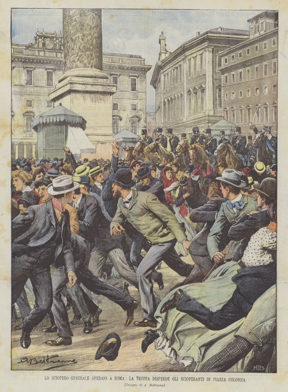 De algemene staking van arbeiders in Rome, de troepen verdrijven de stakers op het Piazza Colonna door Achille Beltrame