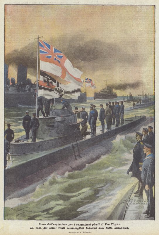 Het uur van boetedoening voor de bloeddorstige piraten van Von Tirpitz door Achille Beltrame