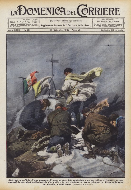 Ondanks de sneeuwstorm, een priester uit de Aosta-vallei en zijn Zwitserse collega... door Achille Beltrame
