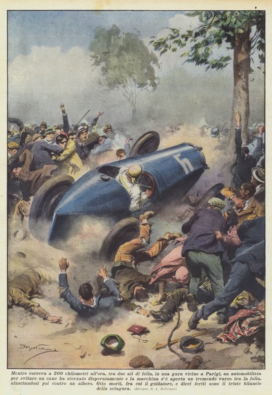 Terwijl hij met 200 kilometer per uur reed, tussen twee vleugels van de menigte, in een race nabij Parijs door Achille Beltrame