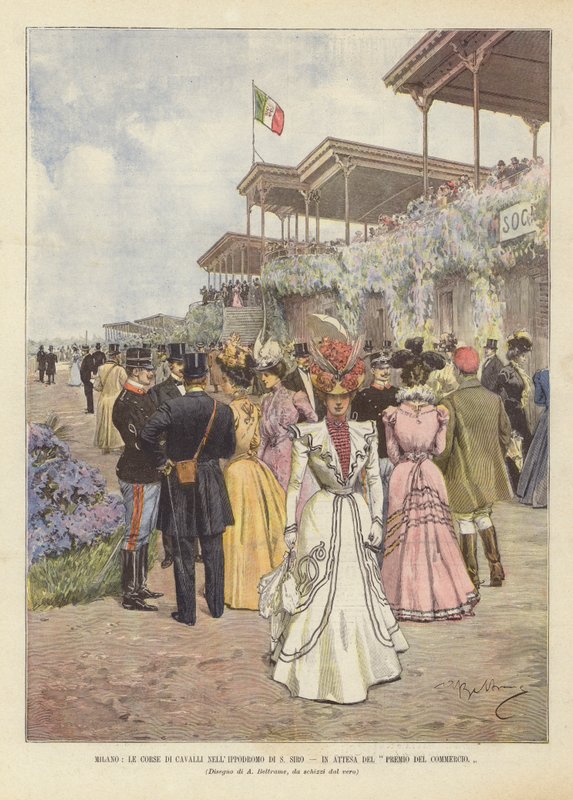 Milaan, de paardenraces in de renbaan van S. Siro, in afwachting van de handelsprijs door Achille Beltrame