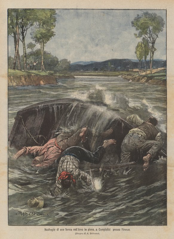 Schipbreuk van een boot in de volle Arno, bij Compiobbi in de buurt van Florence door Achille Beltrame