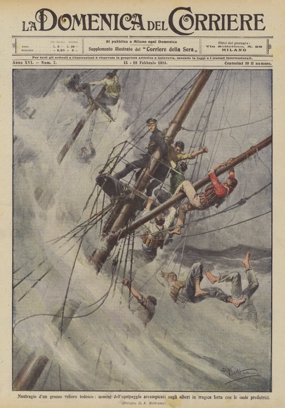 Schipbreuk van een groot Duits zeilschip, bemanningsleden klimmen in de masten in tragische omstandigheden door Achille Beltrame