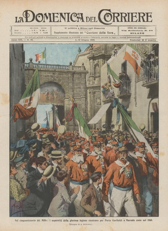 Op de vijftigste verjaardag van de Mille, de overlevenden van het glorieuze legioen keren terug door Porta Garibaldi door Achille Beltrame