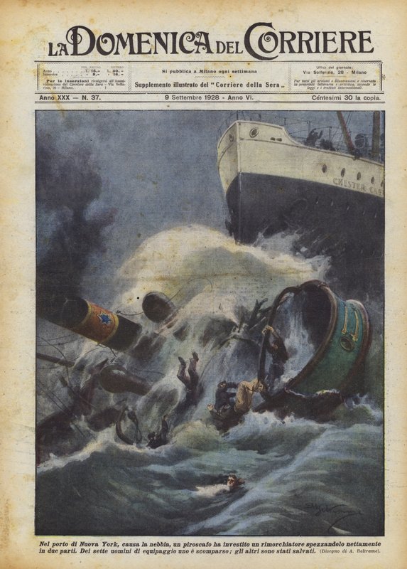 In de haven van New York, door de mist, botste een stoomschip tegen een sleepboot en brak het ? door Achille Beltrame