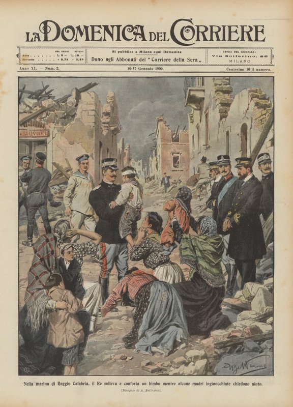 In de haven van Reggio Calabria, de koning tilt een kind op en troost het terwijl enkele knielende moeders om hulp vragen door Achille Beltrame