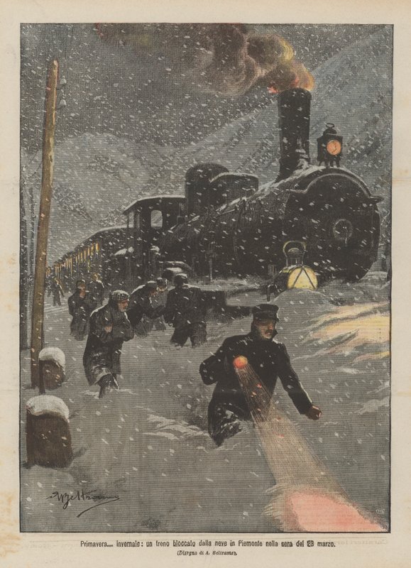 Lente? Winterse omstandigheden, een trein geblokkeerd door sneeuw in Piemonte op de avond van 23 maart door Achille Beltrame