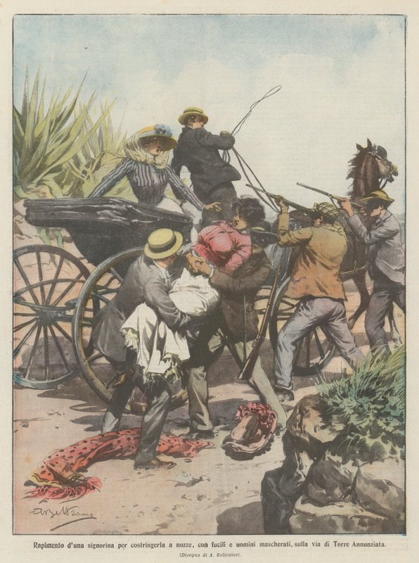 Ontvoering van een jongedame om haar tot een huwelijk te dwingen, met geweren en gemaskerde mannen, op de weg naar Torre Annunziata door Achille Beltrame