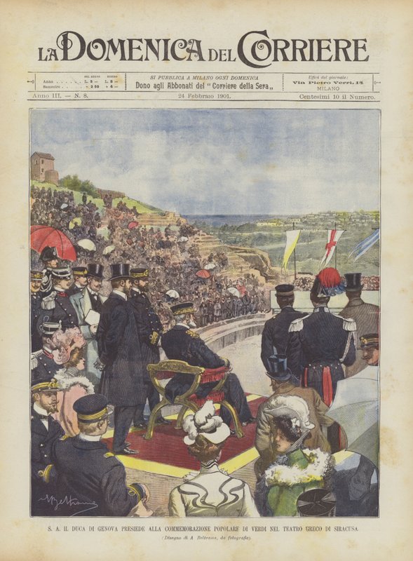 SA de hertog van Genua zit de volksherdenking van Verdi voor in het Griekse theater van Syracuse door Achille Beltrame