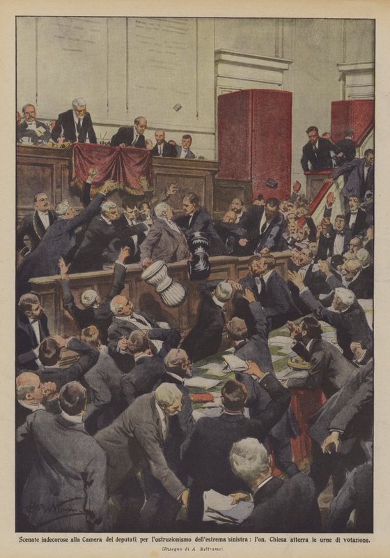 Schandalige scènes in de Kamer van Afgevaardigden door obstructie van de uiterste linkerzijde door Achille Beltrame