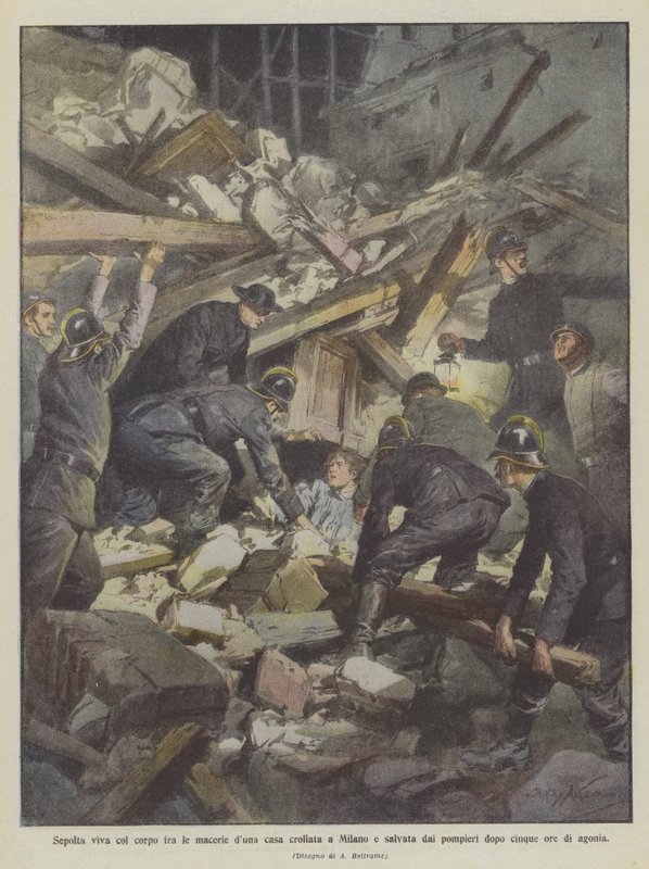 Levend begraven onder het puin van een ingestort huis in Milaan en na vijf uur van pijn door brandweerlieden gered door Achille Beltrame