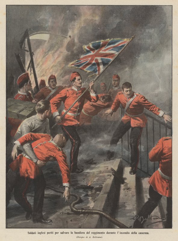 Engelse soldaten omgekomen om de vlag van het regiment te redden tijdens de brand in de kazerne door Achille Beltrame