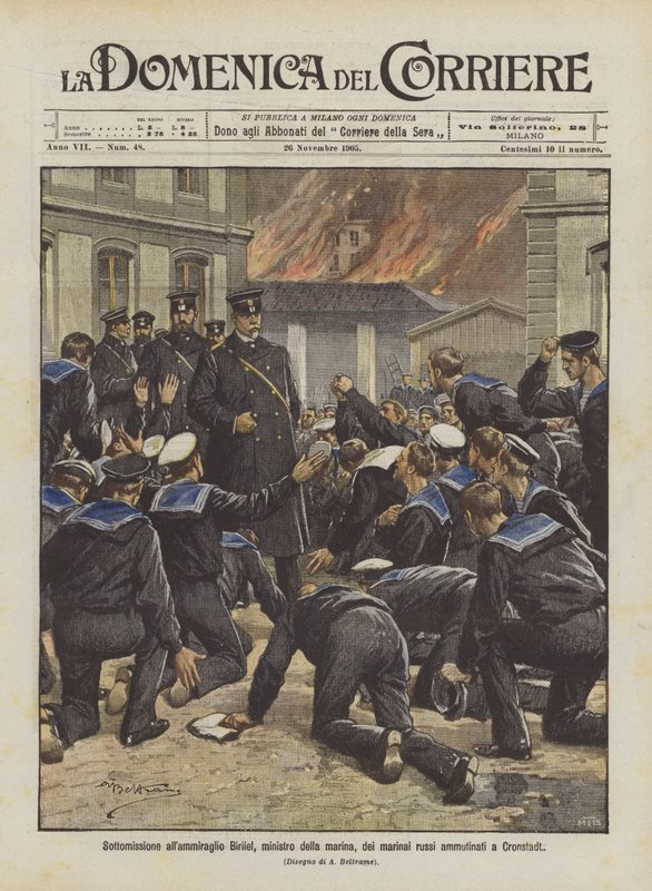Onderwerping aan admiraal Birilef, minister van marine, van de muitende Russische matrozen in Kronstadt door Achille Beltrame