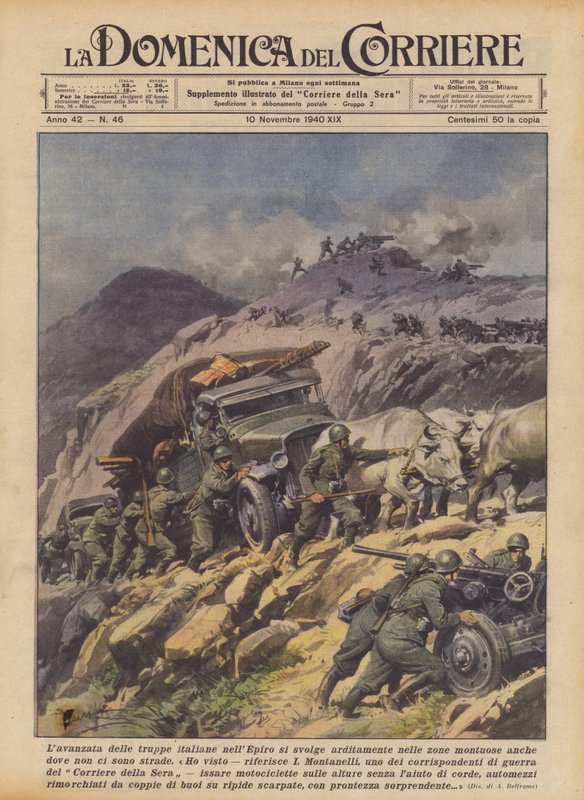 De opmars van Italiaanse troepen in Epirus vindt plaats in bergachtige gebieden zelfs waar geen wegen zijn door Achille Beltrame