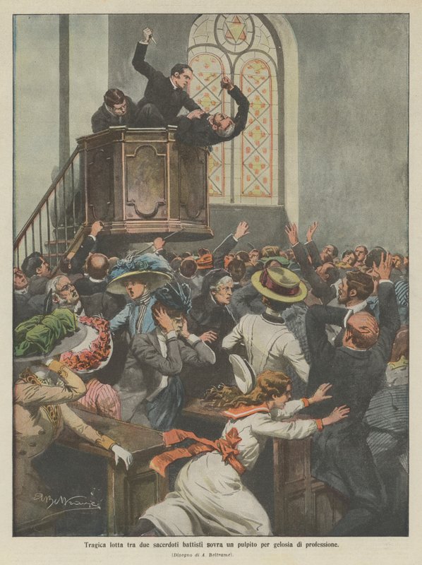 Tragische strijd tussen twee baptistenpriesters op een preekstoel uit professionele jaloezie (kleur litho) door Achille Beltrame