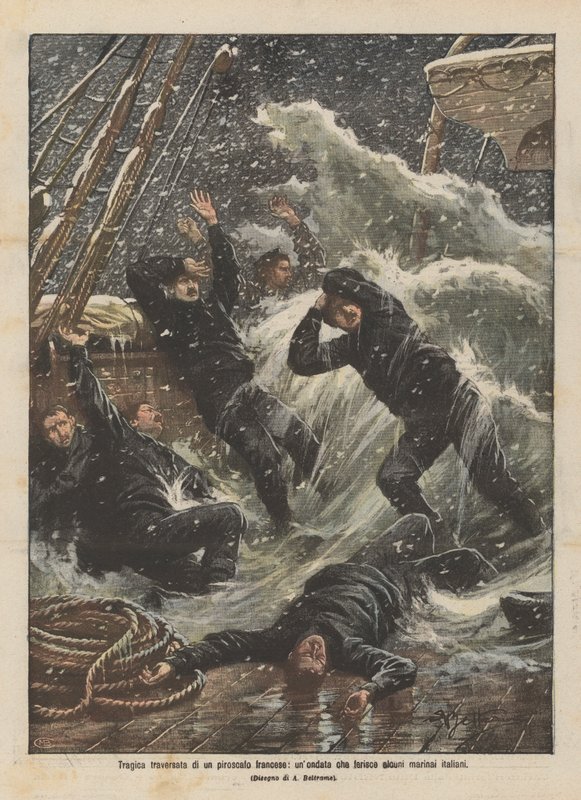 Tragische oversteek van een Franse stoomboot, een golf die enkele Italiaanse zeelieden verwondt door Achille Beltrame