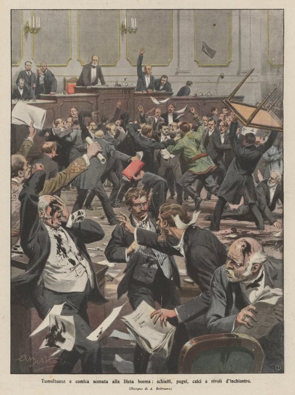 Tumultueuze en komische scène in de Boheemse Landdag, klappen, vuistslagen, schoppen en inktstromen door Achille Beltrame