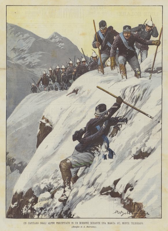 Een kapitein van de Alpen die in een ravijn valt tijdens een mars op de Monte Telegrafo door Achille Beltrame