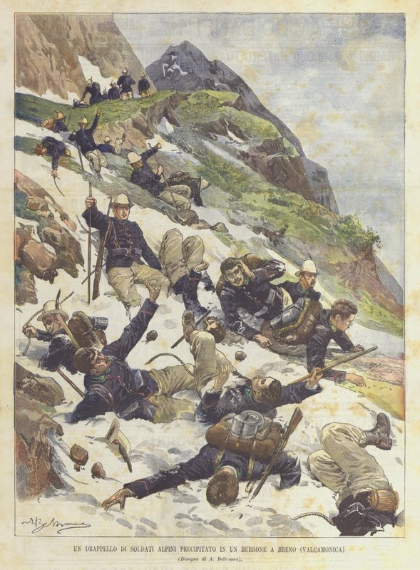 Een Detachement van Alpen Soldaten Valt in een Ravijn in Breno (Valcamonica) door Achille Beltrame