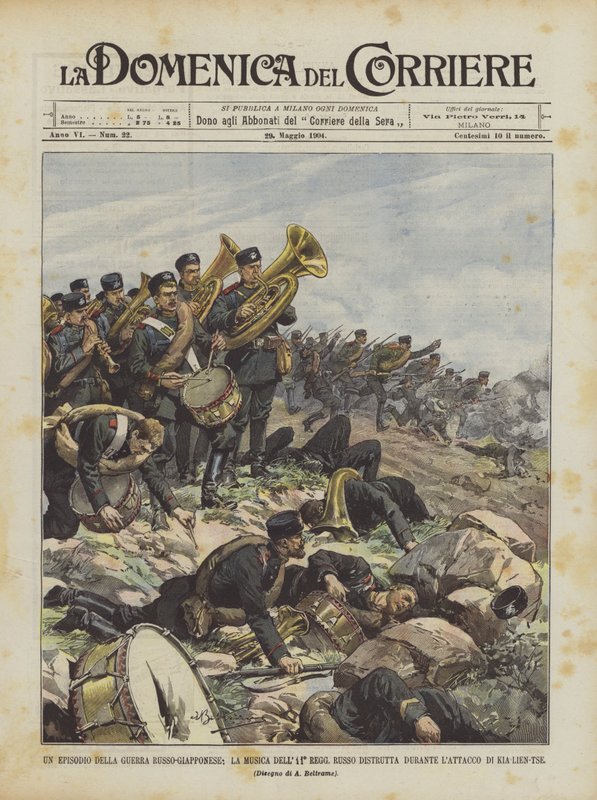Een episode uit de Russisch-Japanse oorlog, de muziek van het 11e Russische regiment vernietigd tijdens ? door Achille Beltrame