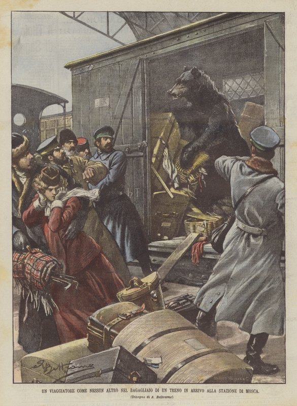 Een reiziger als geen ander in de bagageruimte van een trein die aankomt op het station van Moskou door Achille Beltrame