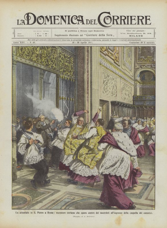 Een aanslag in de Sint-Pietersbasiliek in Rome, een Istrische metselaar schiet op priesters bij de ingang door Achille Beltrame