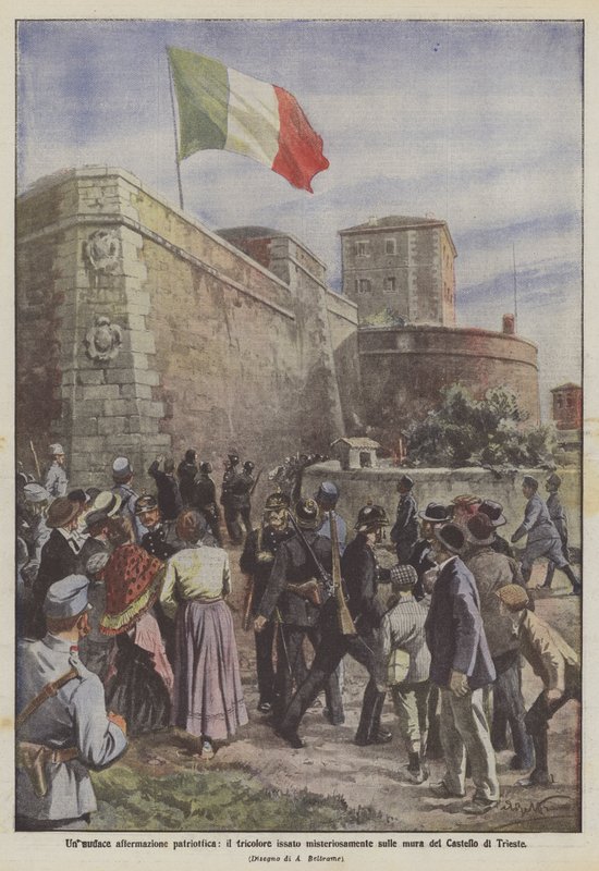 Een gedurfde patriottische verklaring, de driekleur mysterieuze gehesen op de muren van het Kasteel van Triëst door Achille Beltrame