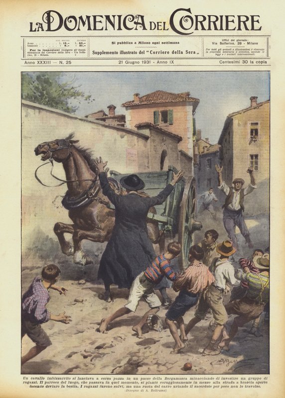 Een op hol geslagen paard rende door een dorp in Bergamo en bedreigde door Achille Beltrame