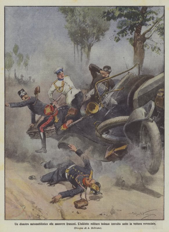 Een auto-ongeluk tijdens de Franse manoeuvres, de Duitse militaire attaché onder de omgeslagen auto verpletterd door Achille Beltrame