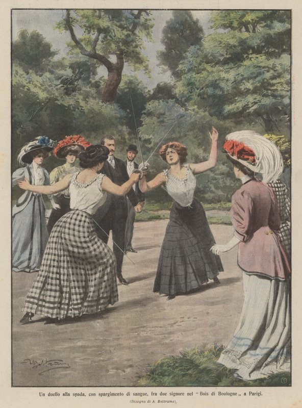 Een duel met zwaarden, met bloedvergieten, tussen twee dames in het Bois de Boulogne in Parijs door Achille Beltrame