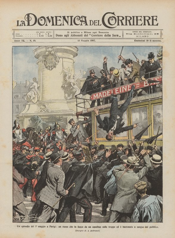 Een incident op 1 mei in Parijs, een Rus die vanuit een omnibus op de troepen schiet door Achille Beltrame