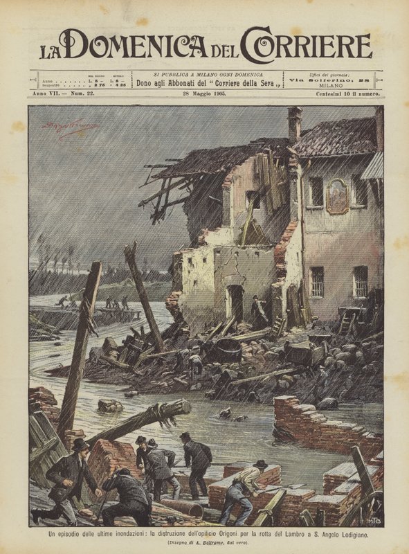 Een episode van de laatste overstromingen, de vernietiging van de Origoni-fabriek door de doorbraak van de Lambro door Achille Beltrame