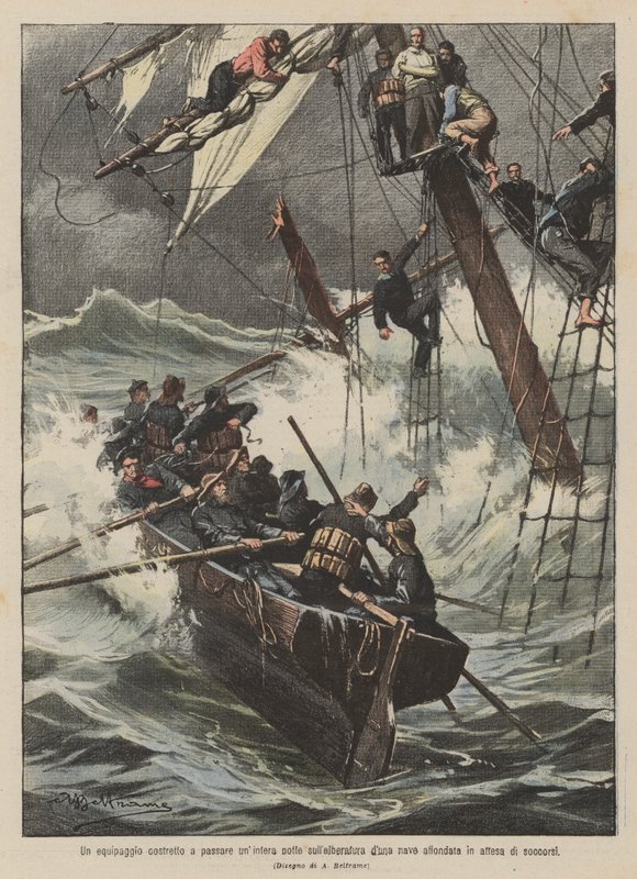 Een bemanning gedwongen een hele nacht door te brengen op de mast van een gezonken schip in afwachting van hulp door Achille Beltrame