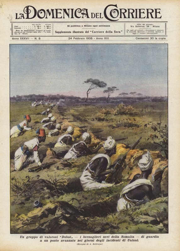 Een groep dappere Dubat, de zwarte bersaglieri van Somalië, bewaakt een voorpost in de ? door Achille Beltrame